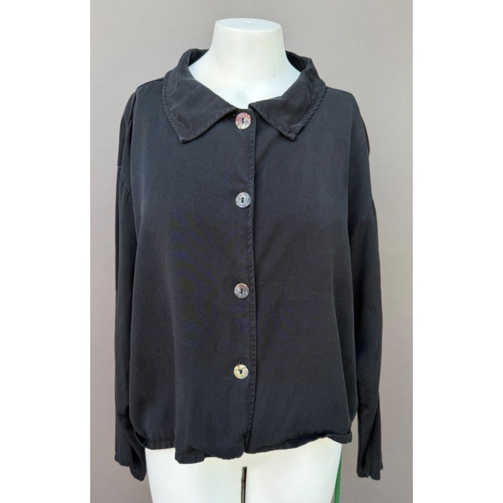 Bryn Walker Shirt Large Black Twill Button Down Boxy Lagenlook Cropped Jacket‎